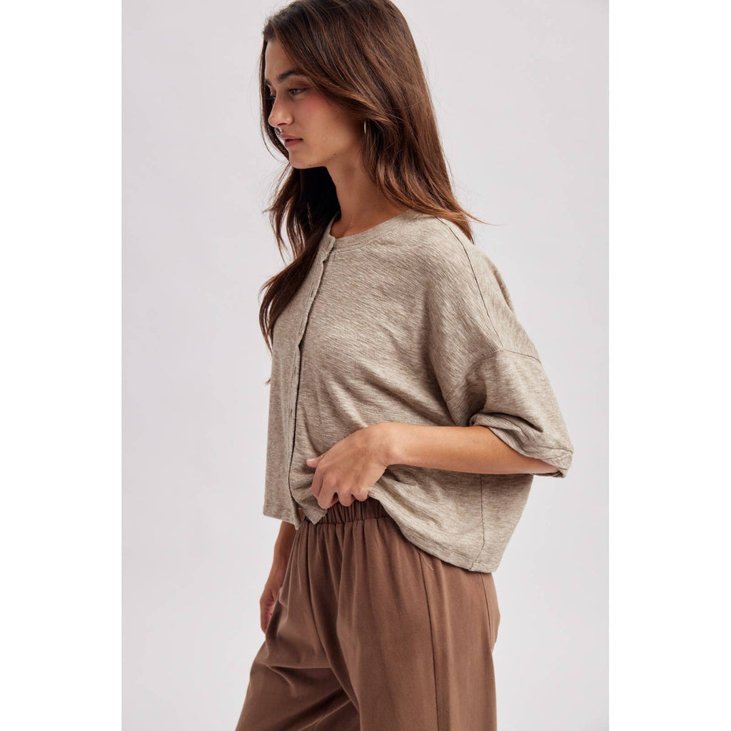Grey Short Sleeve Button Down Knit Top