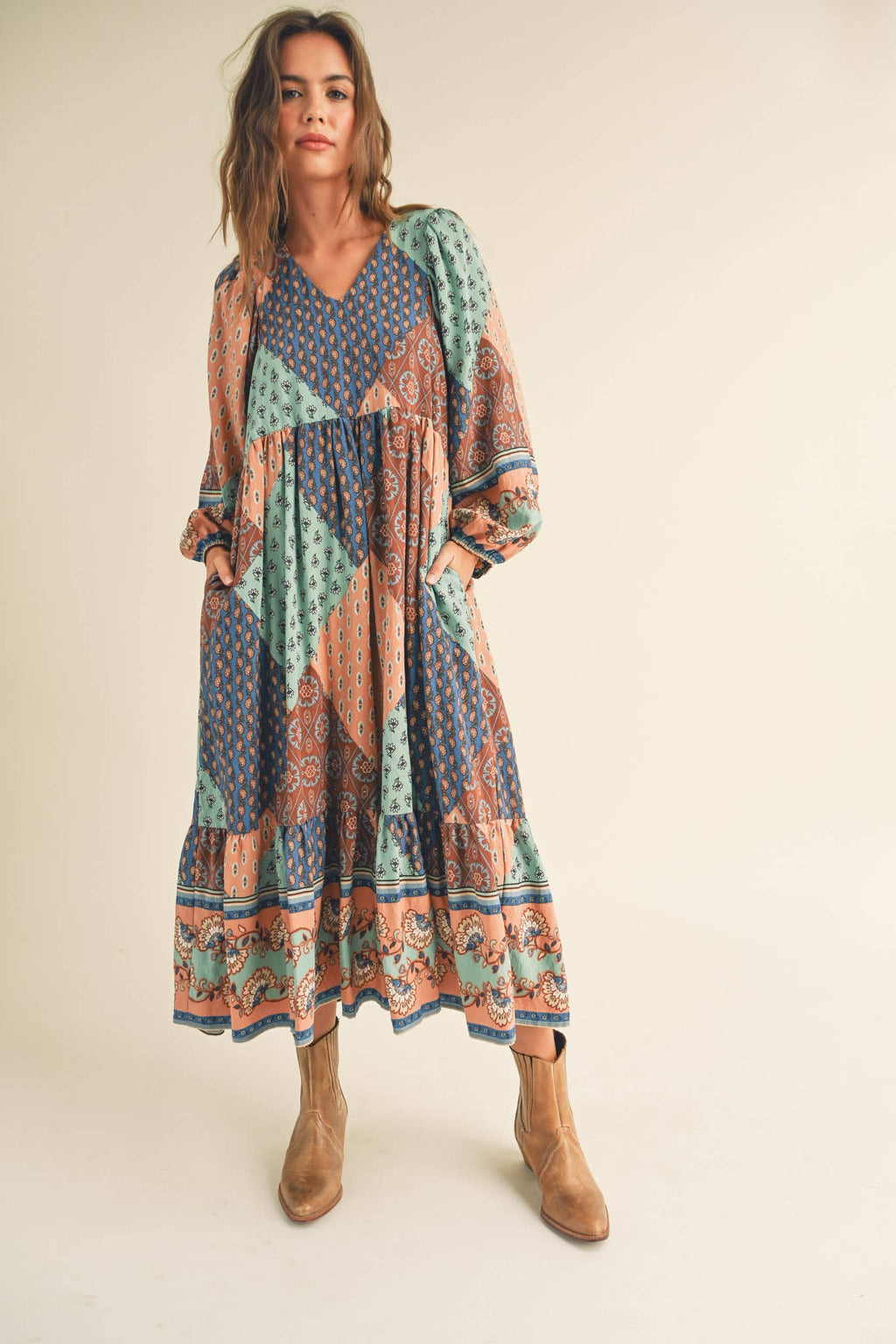 Rust Multi Color Printed Balloon Sleeve Mid Length Dress