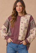 Plus Mixed Fabric Floral Waffle Knit Paneling Top