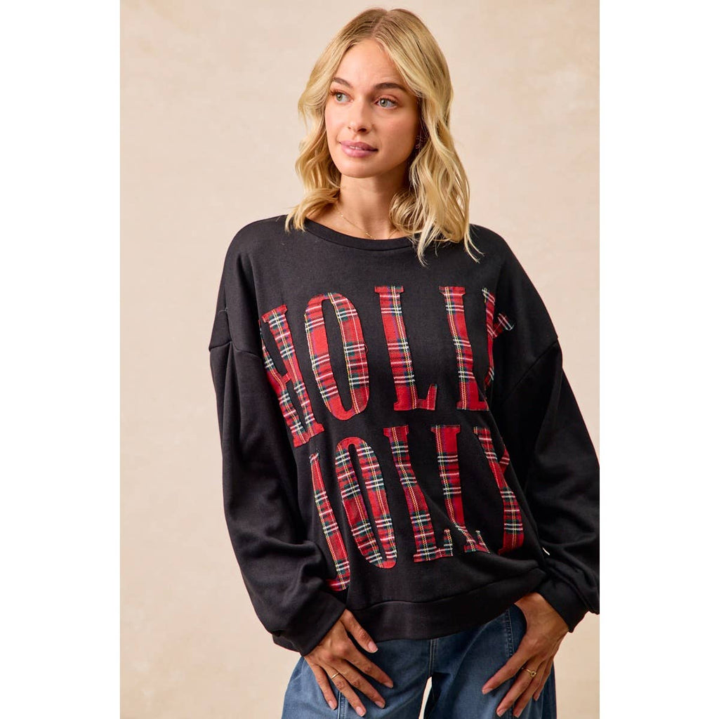 PLAID HOLLY JOLLY LETTERING CHRISTMAS SWEATSHIRT