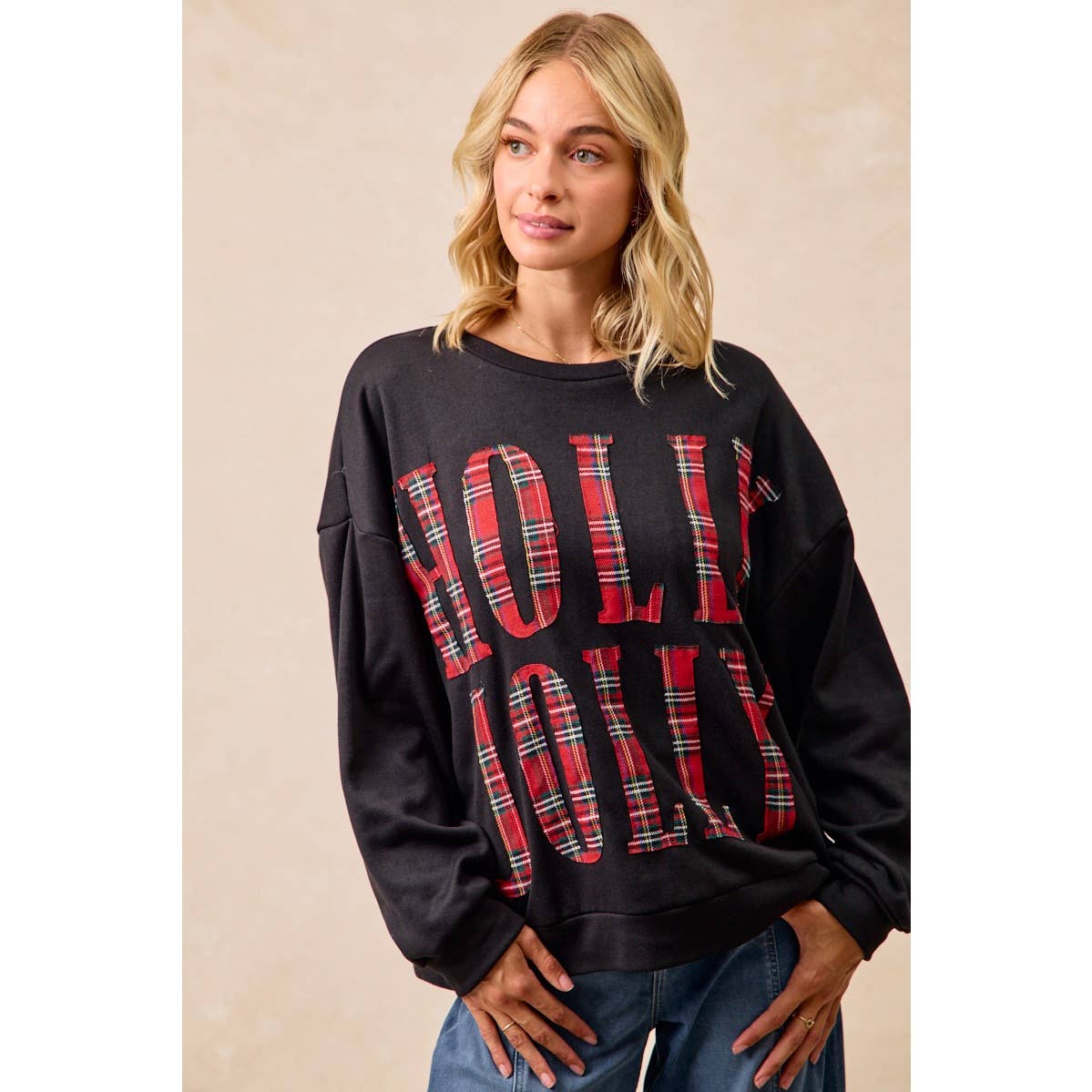 PLAID HOLLY JOLLY LETTERING CHRISTMAS SWEATSHIRT