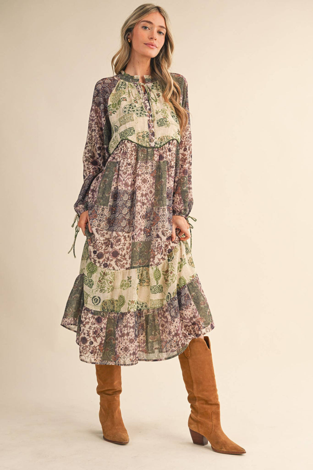 Olive Patchwork Mid Length Dress