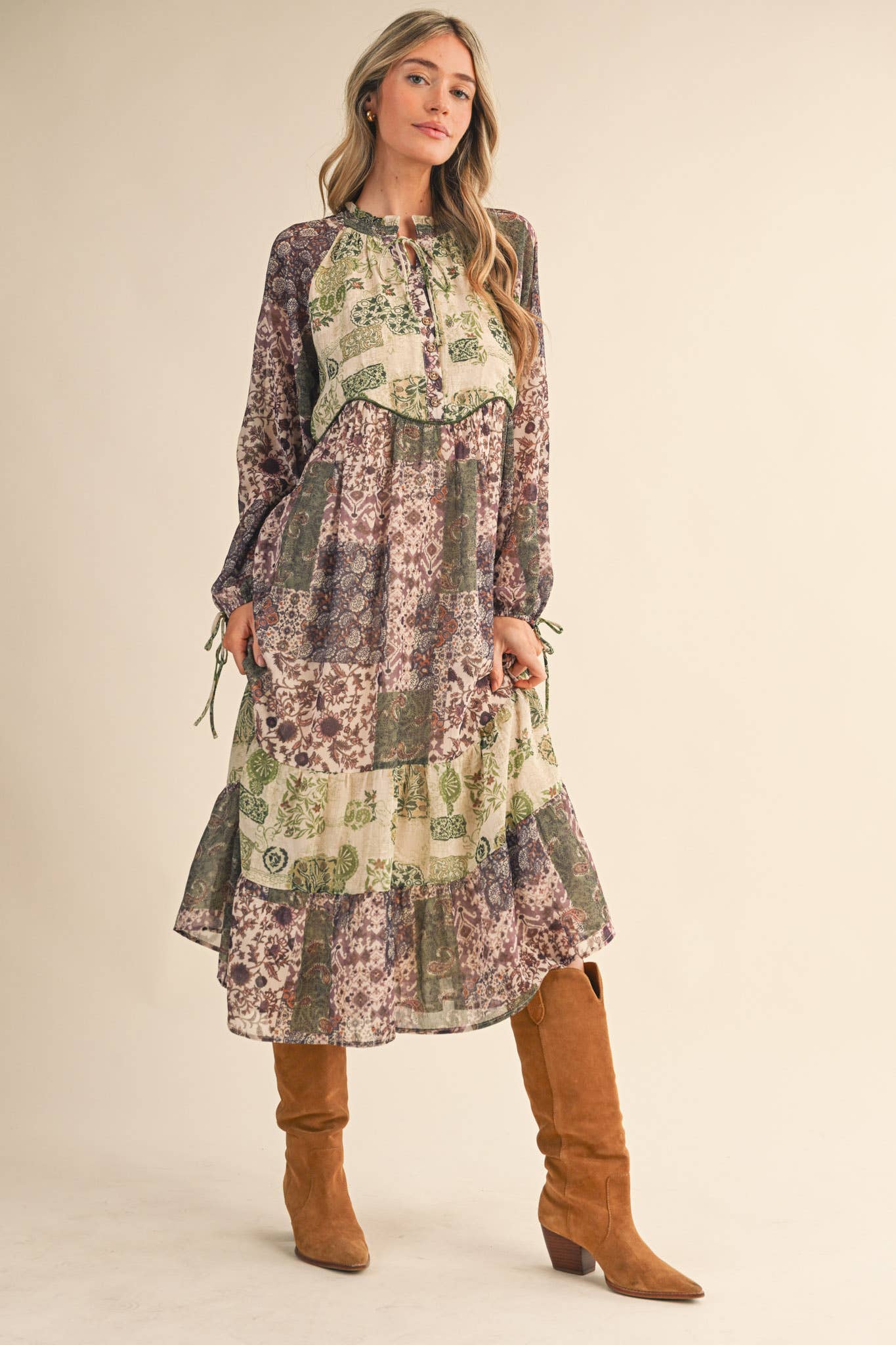 Olive Patchwork Mid Length Dress