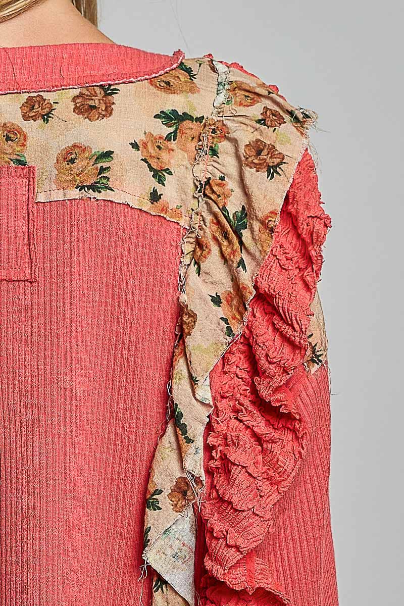 Floral Ruffle Trim Textured Ribbed Long Sleeve Knit Top
