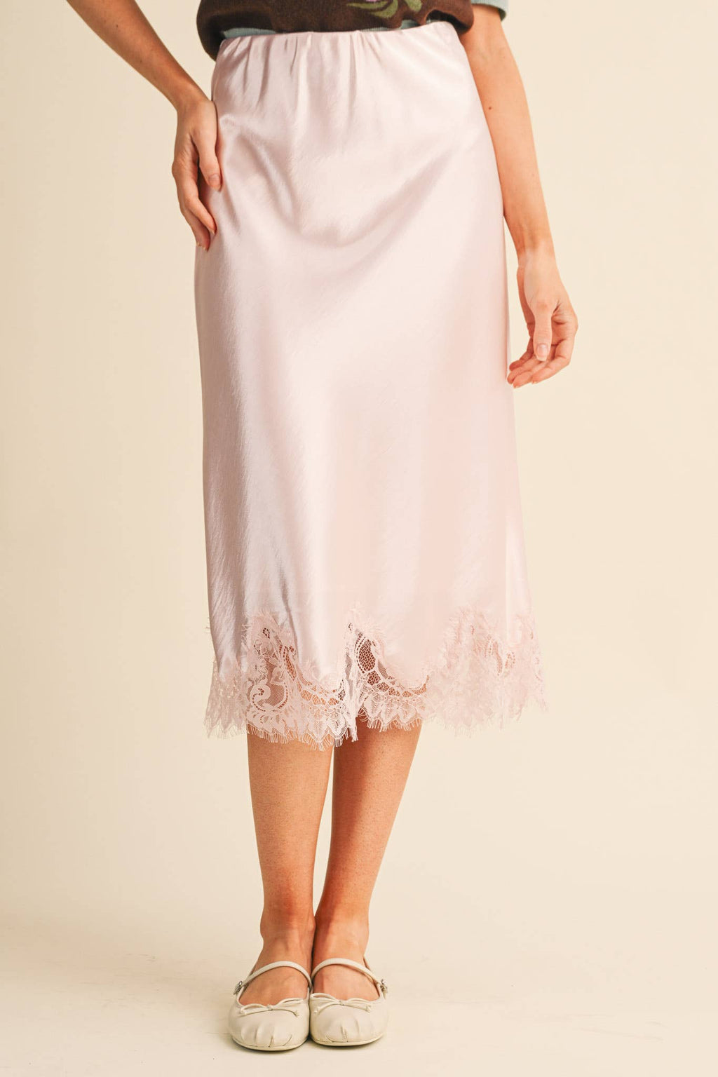 Ballerina Pink Satin Midi Slip Skirt with Lace Hem