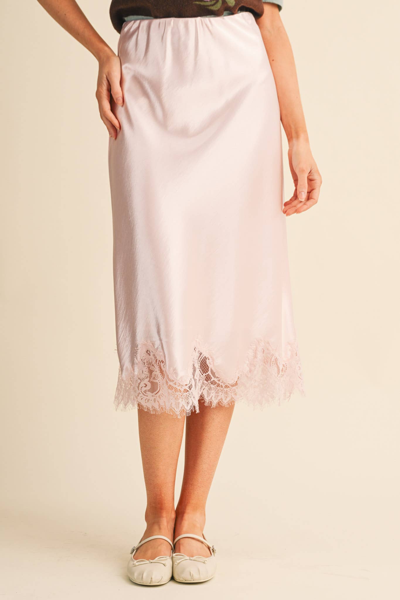 Ballerina Pink Satin Midi Slip Skirt with Lace Hem