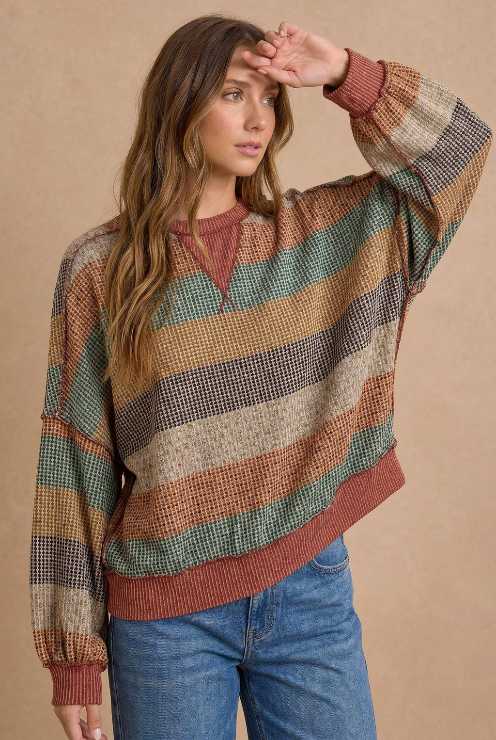 Stripe Waffle Wave Rib Banded Hem Pullover
