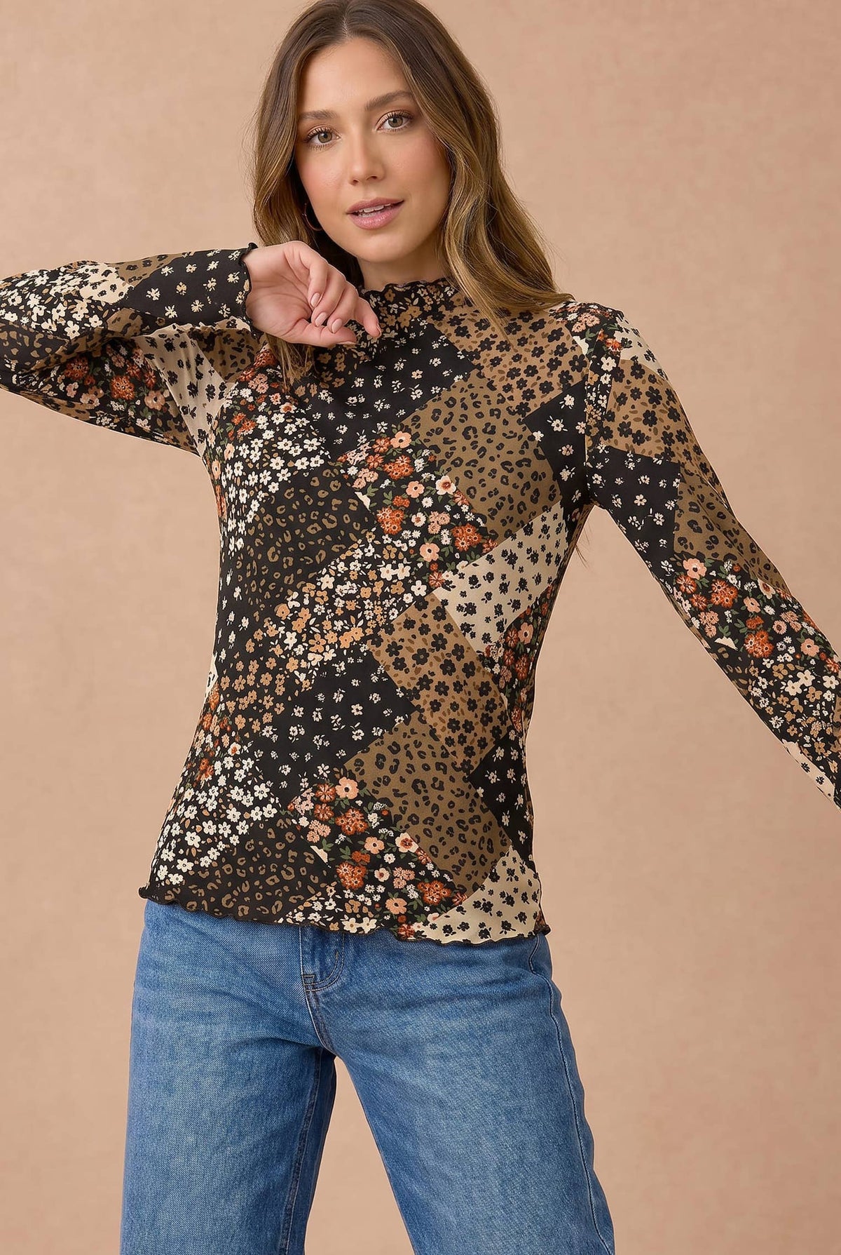 Floral Patchwork Mock Neck Frill Top