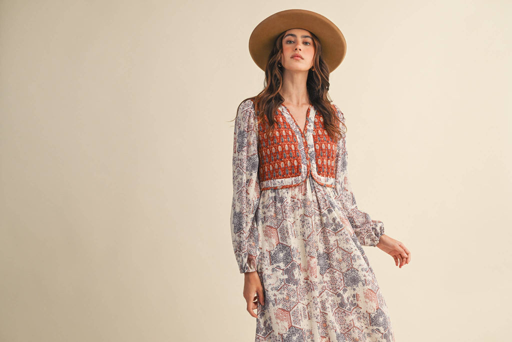Mustard/Blue Quilted Vest Midi Length Dress