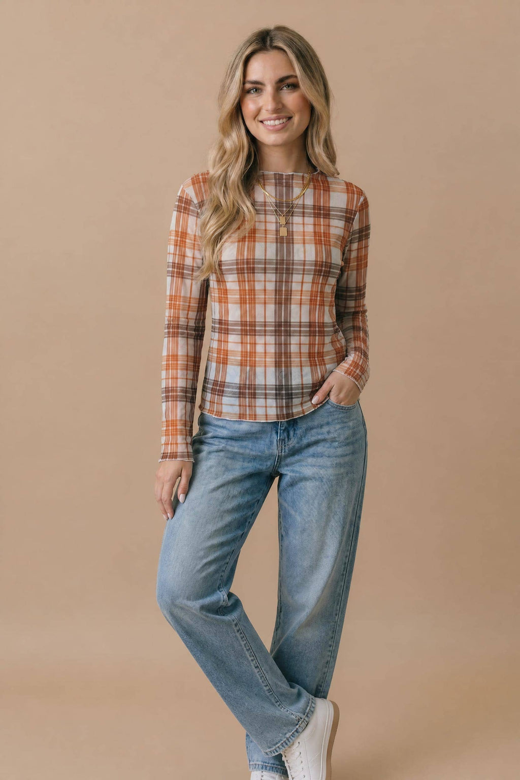 Plus Plaid Mesh Semi Sheer Top
