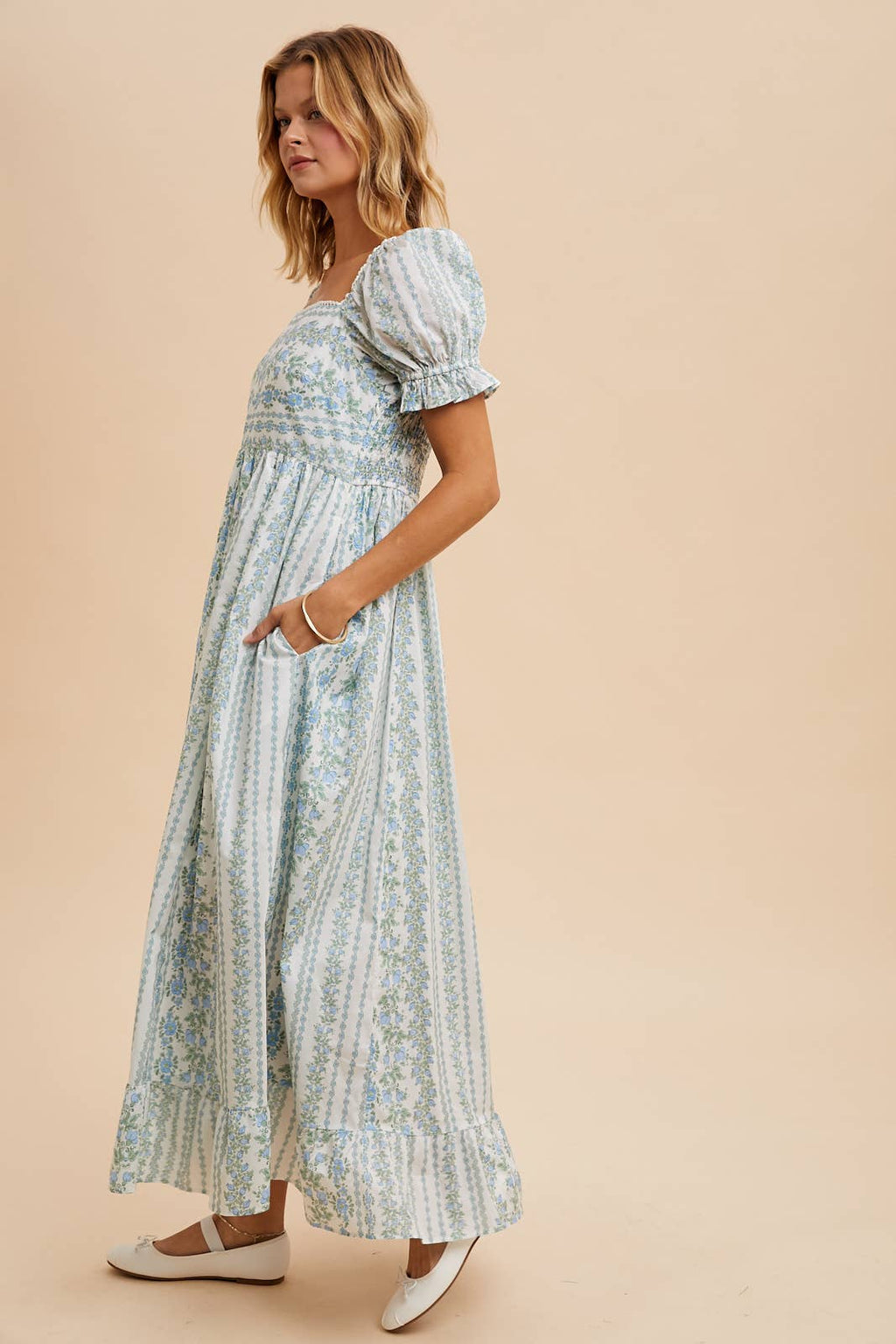 Ivory/Peach Floral Square Neck Maxi Dress with Puff Print Sleeves