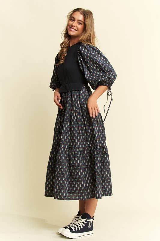 Floral Print Mixed Media Tiered Midi Dress