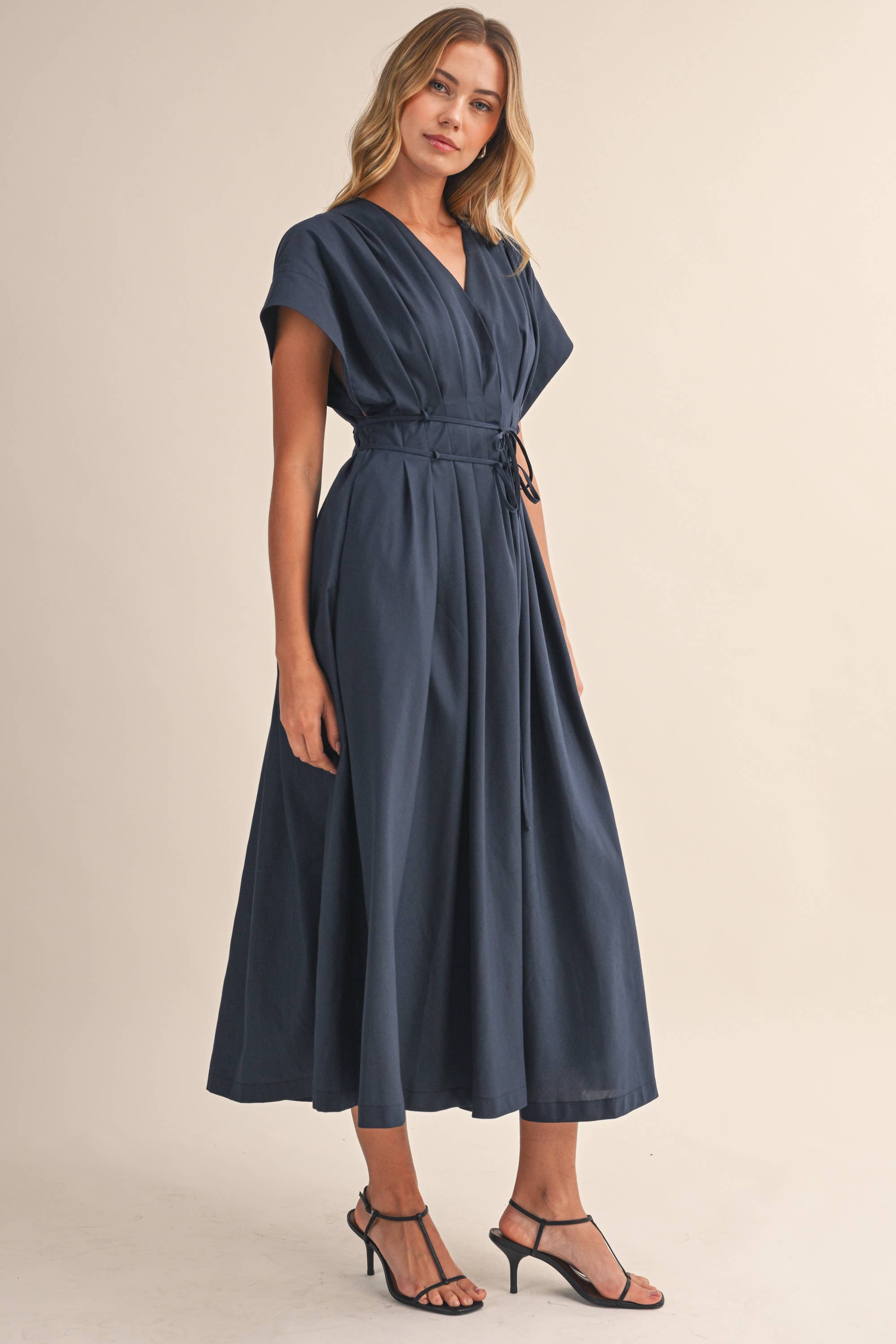 Navy Pleated Belt Mid Length Dress