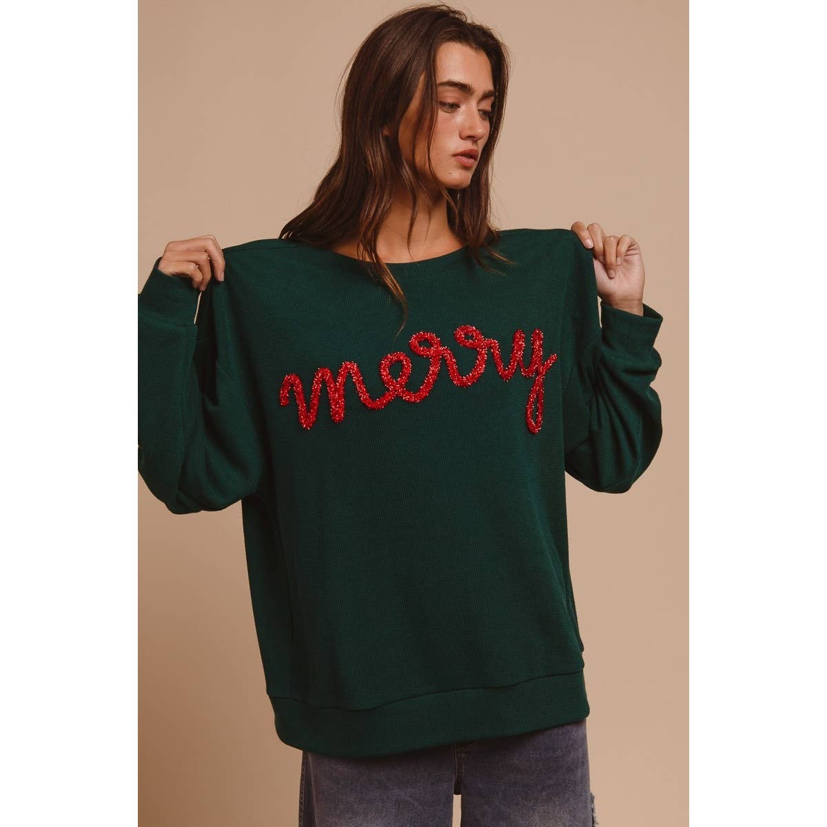 MERRY TINSEL LETTERING TWO TONE RIB PULLOVER