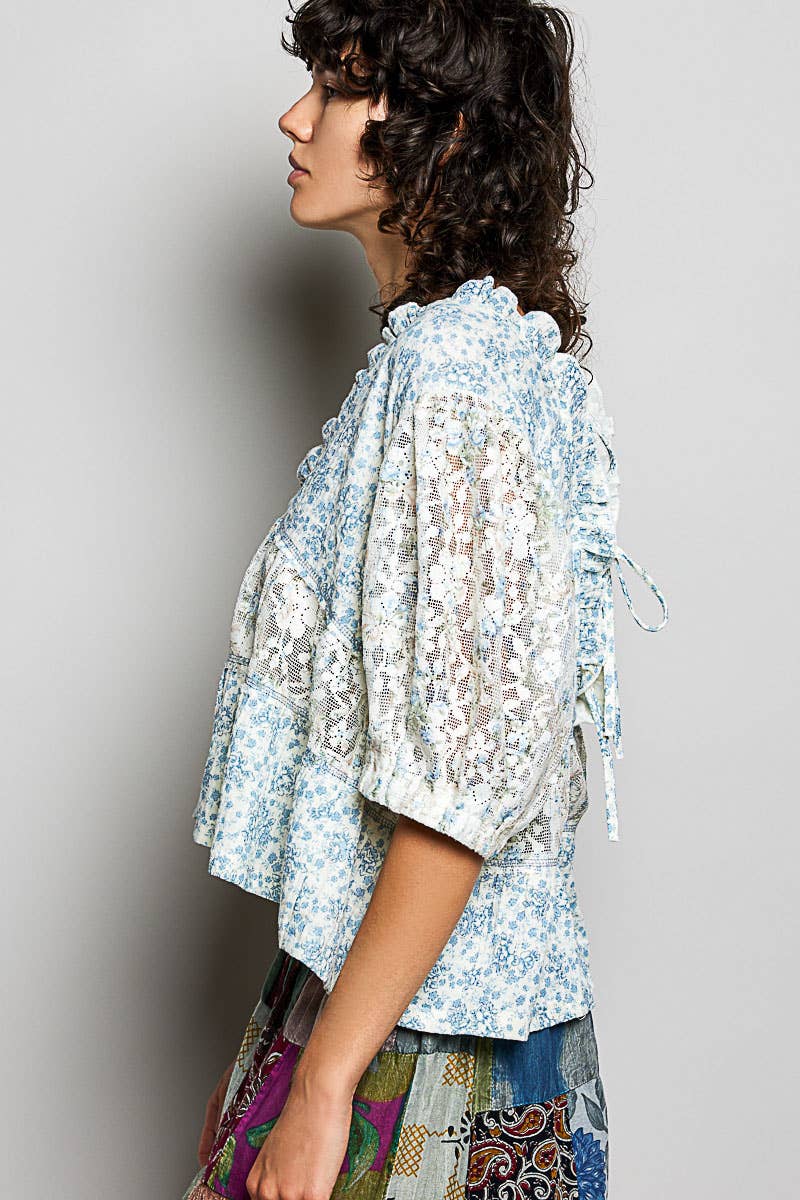 Blue Floral Printed Lace Patch Adjustable Back Loop Ruffled V-Neck Top