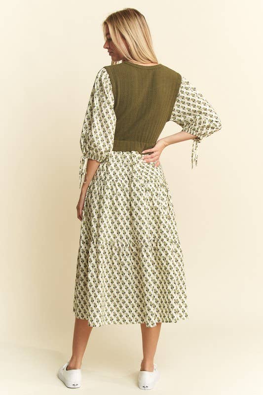 Floral Print Mixed Media Tiered Midi Dress