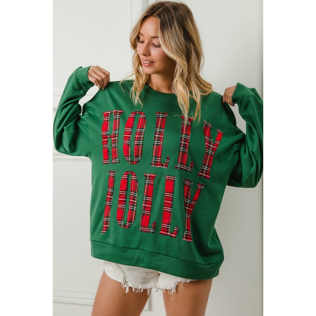 PLAID HOLLY JOLLY LETTERING CHRISTMAS SWEATSHIRT