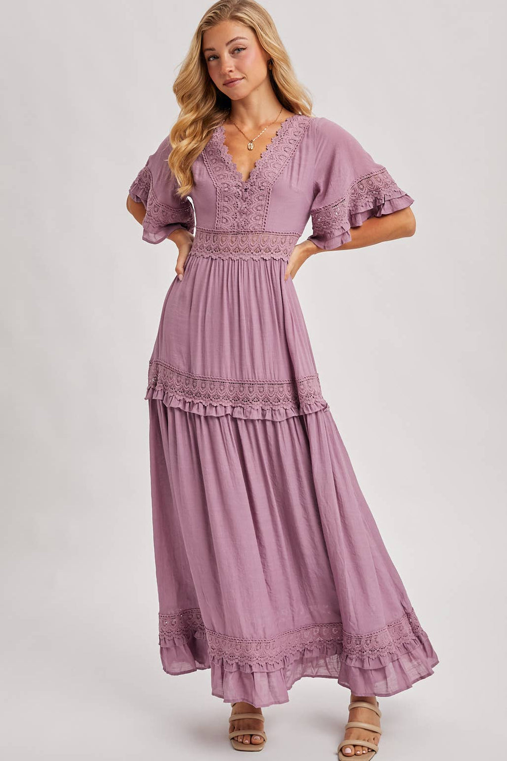Lace V Neck Maxi Dress with Ruffle Sleeves (Olive & Ivory)