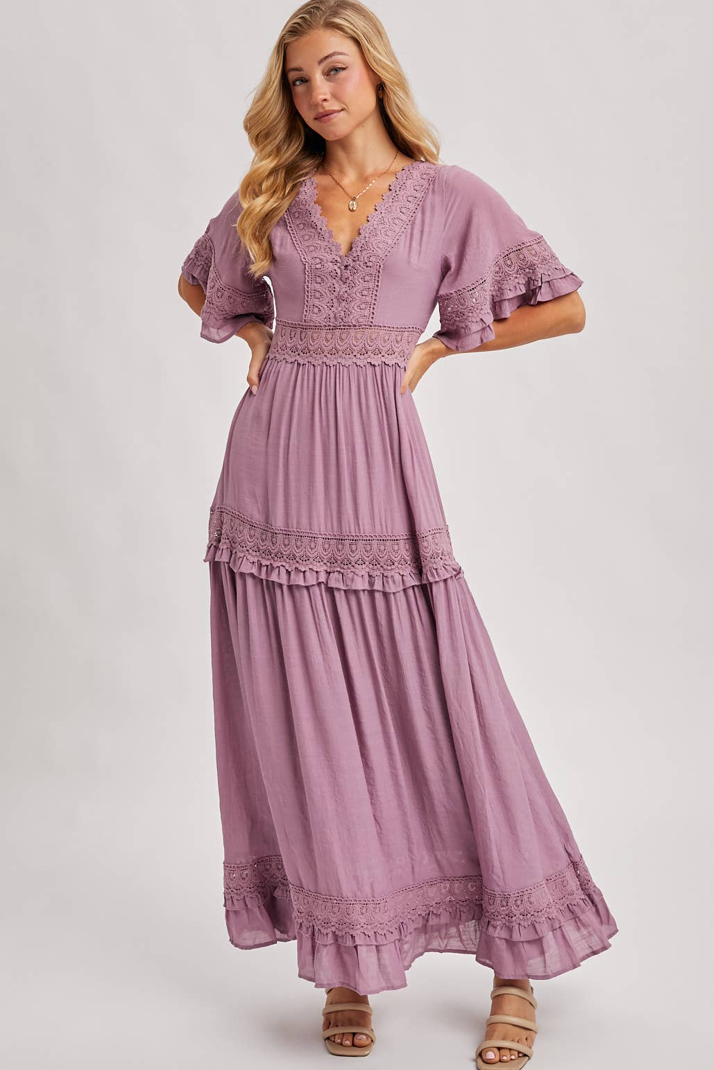 Lace V Neck Maxi Dress with Ruffle Sleeves (Olive & Ivory)
