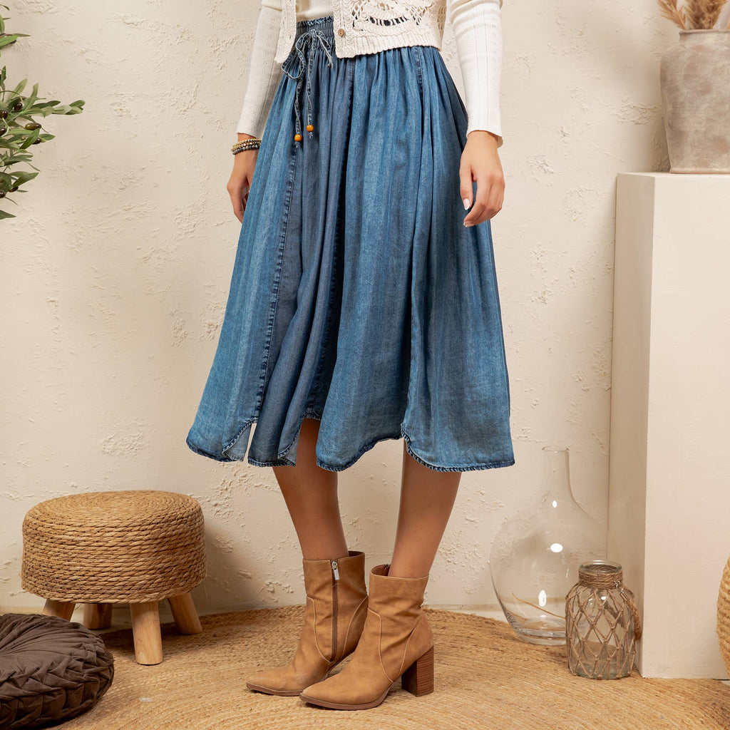 Shirred Elastic Waist Denim Skirt
