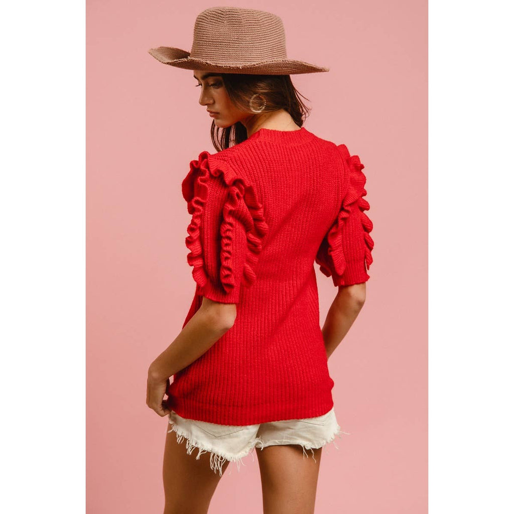 SOLID KNIT RUFFLED SLEEVES TOP