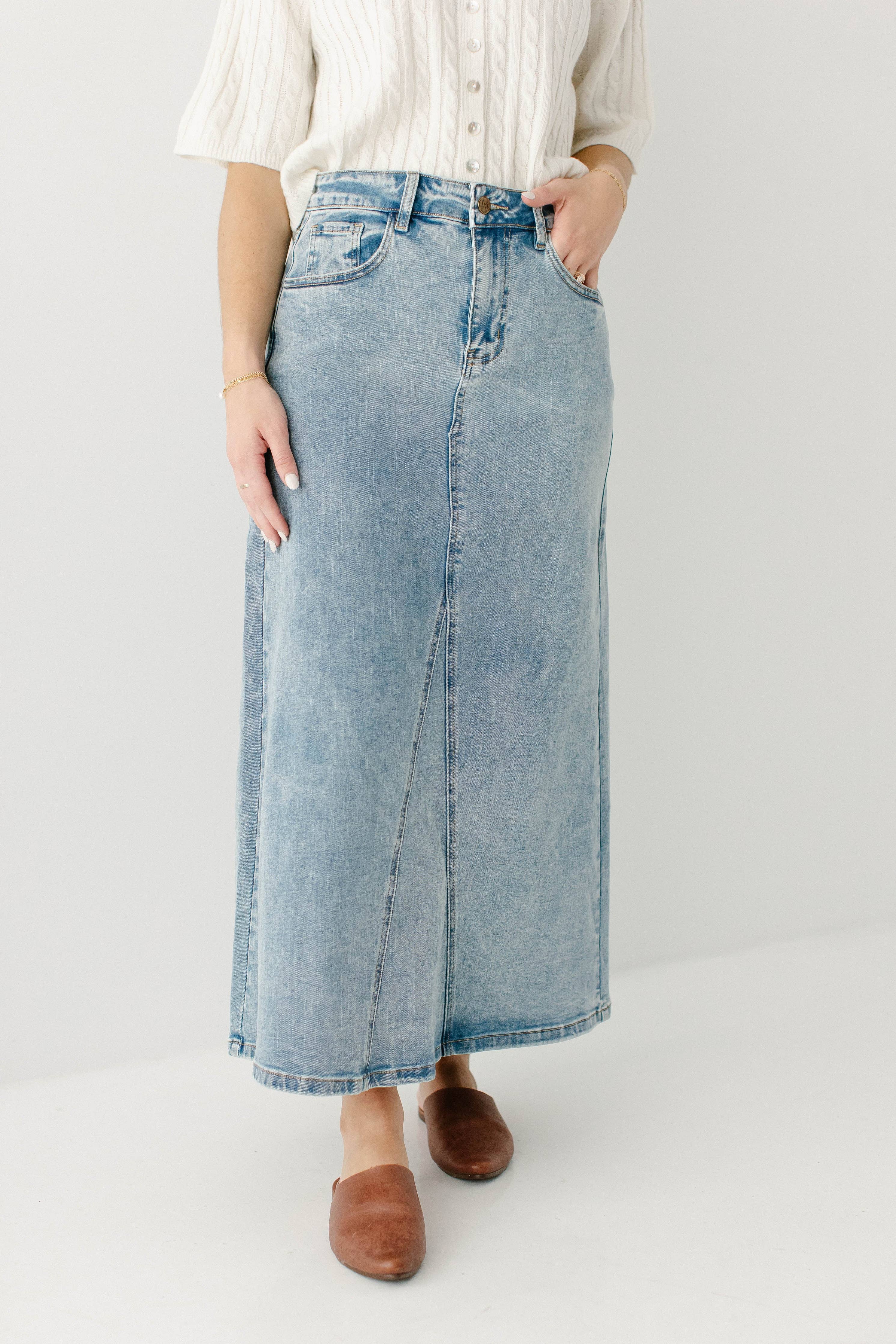 Brooklyn Stretch Denim Maxi Skirt in Vintage Wash