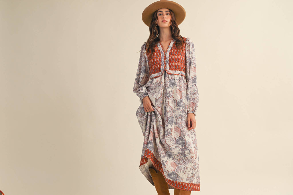 Mustard/Blue Quilted Vest Midi Length Dress