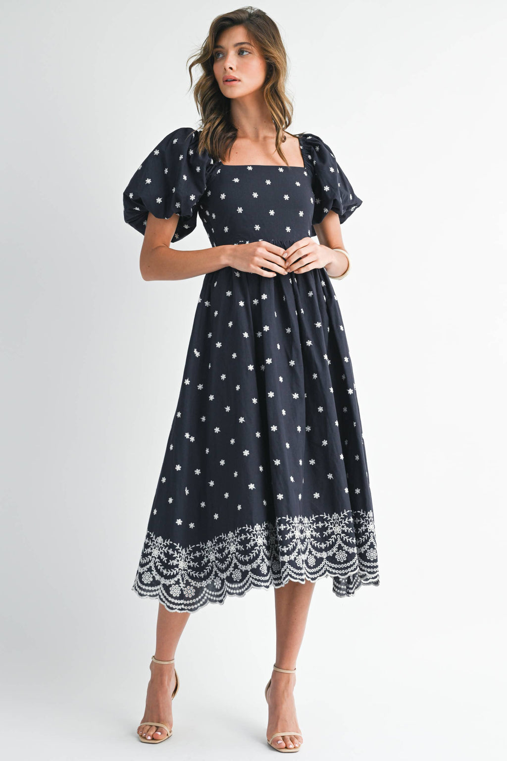 Navy Floral A Line Tie Back Dress with Puff Sleeves
