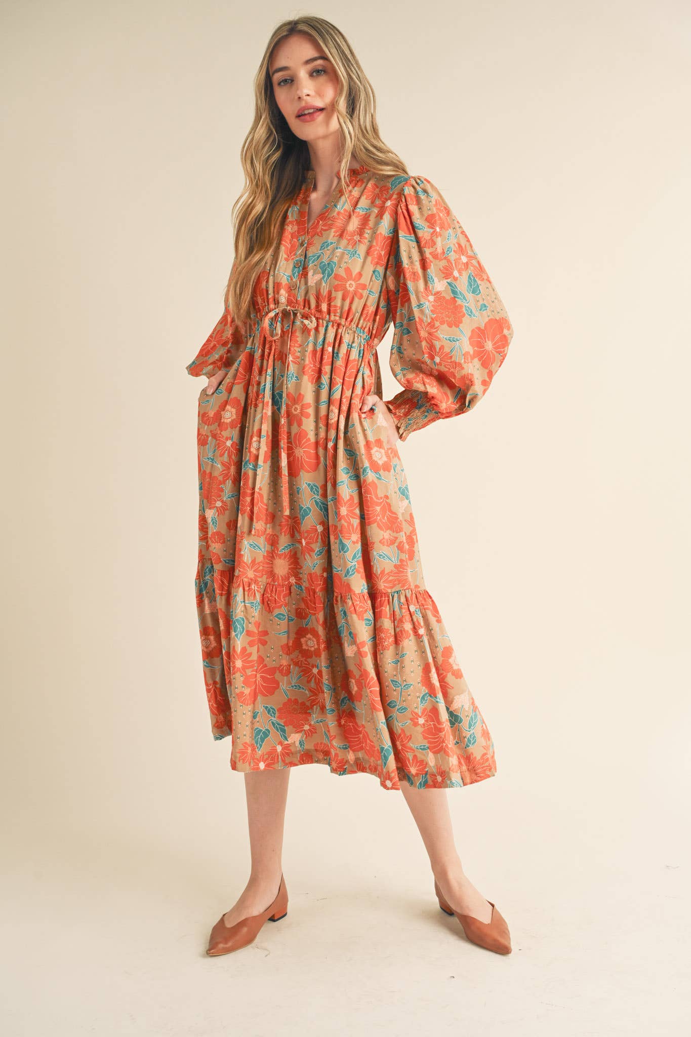 Cream with Rust/Teal Floral Ruffle Maxi Dress