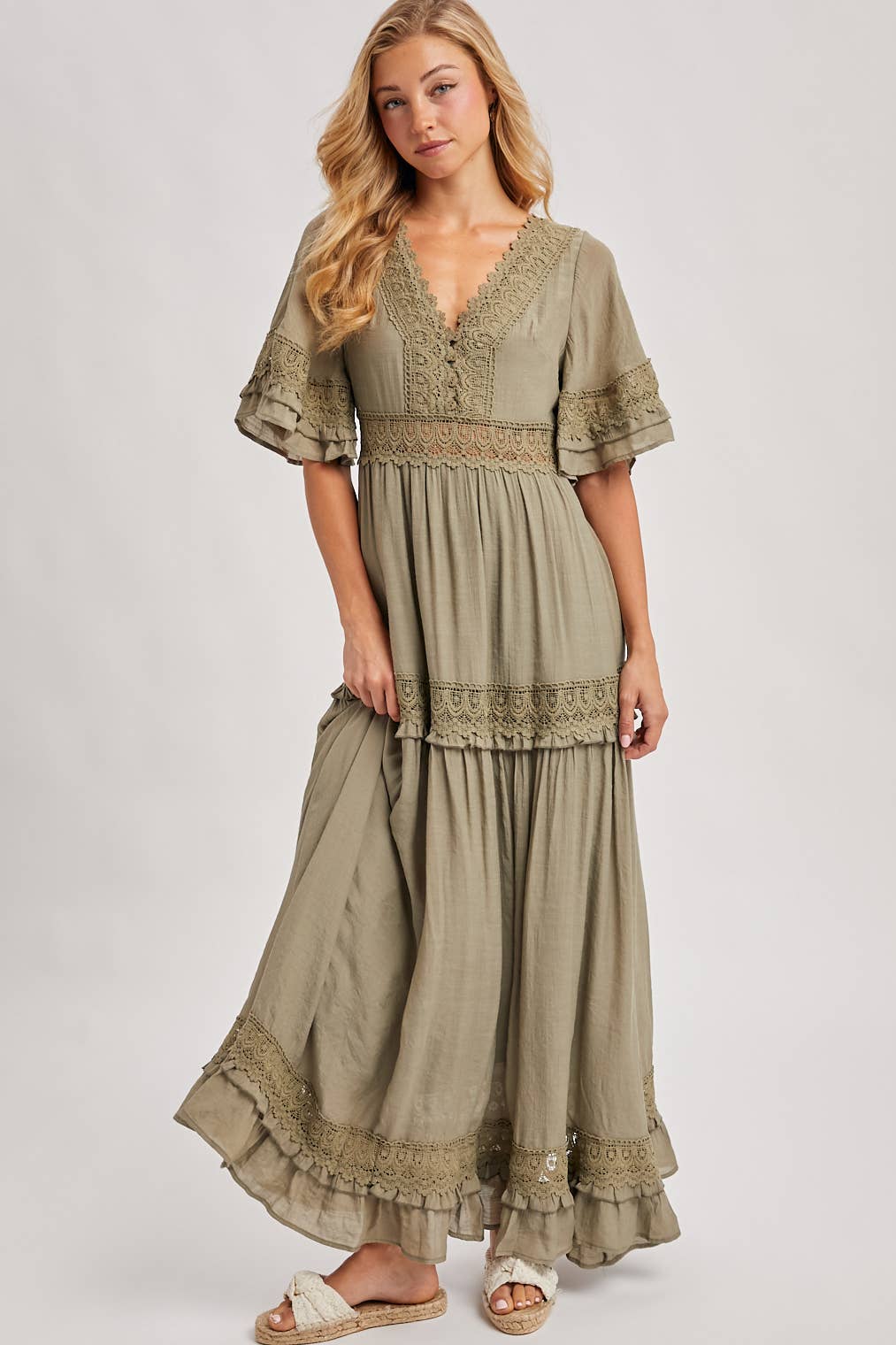 Lace V Neck Maxi Dress with Ruffle Sleeves (Olive & Ivory)