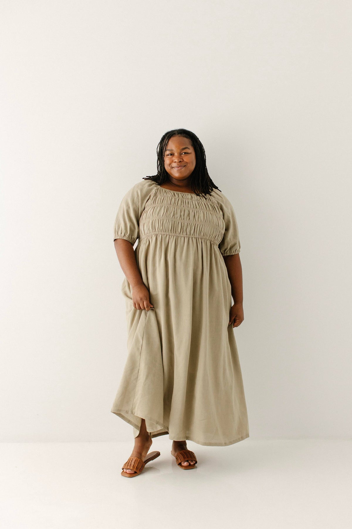 Willow Fall Square Neck Smocked Bodice Midi Dress