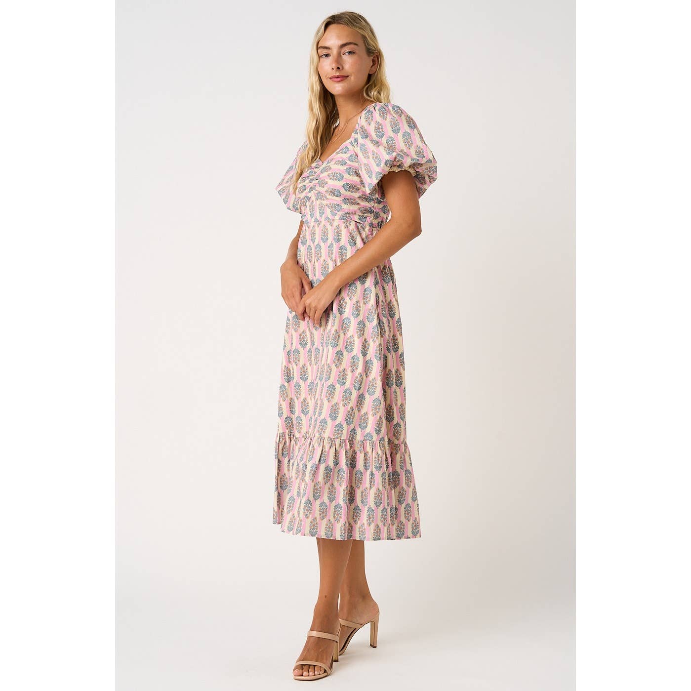 Sage/Ivory Striped with Peach Floral Puff Sleeve Dress