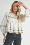 Ivory/Beige Embroidered Puff Long Sleeve Top