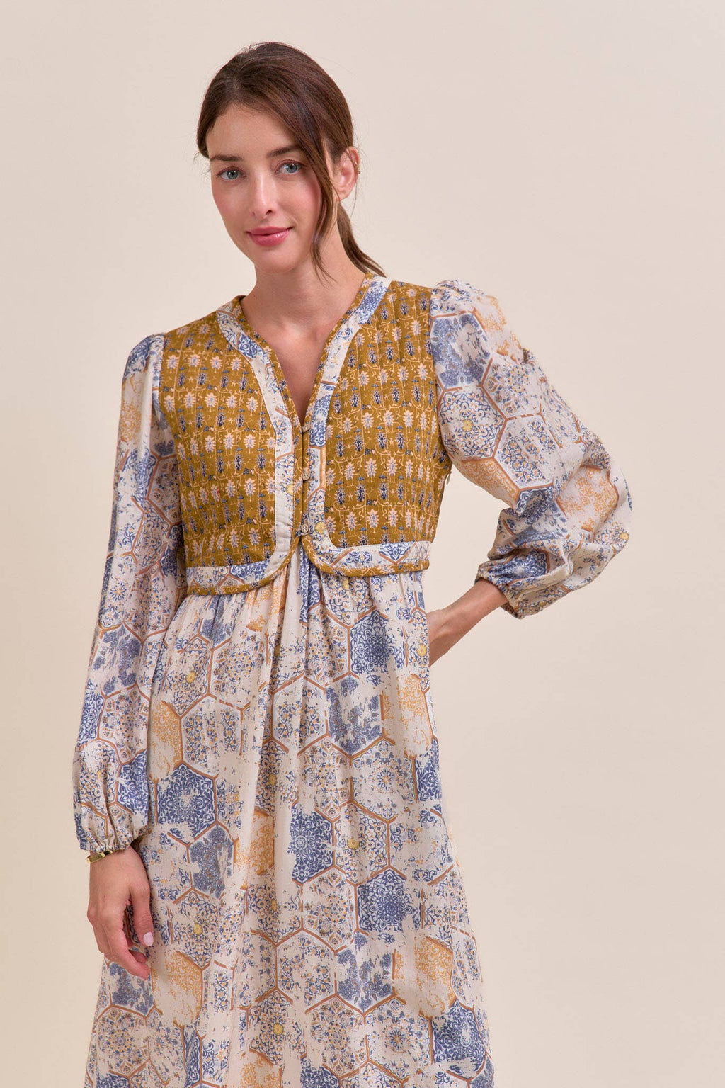 Mustard/Blue Quilted Vest Midi Length Dress