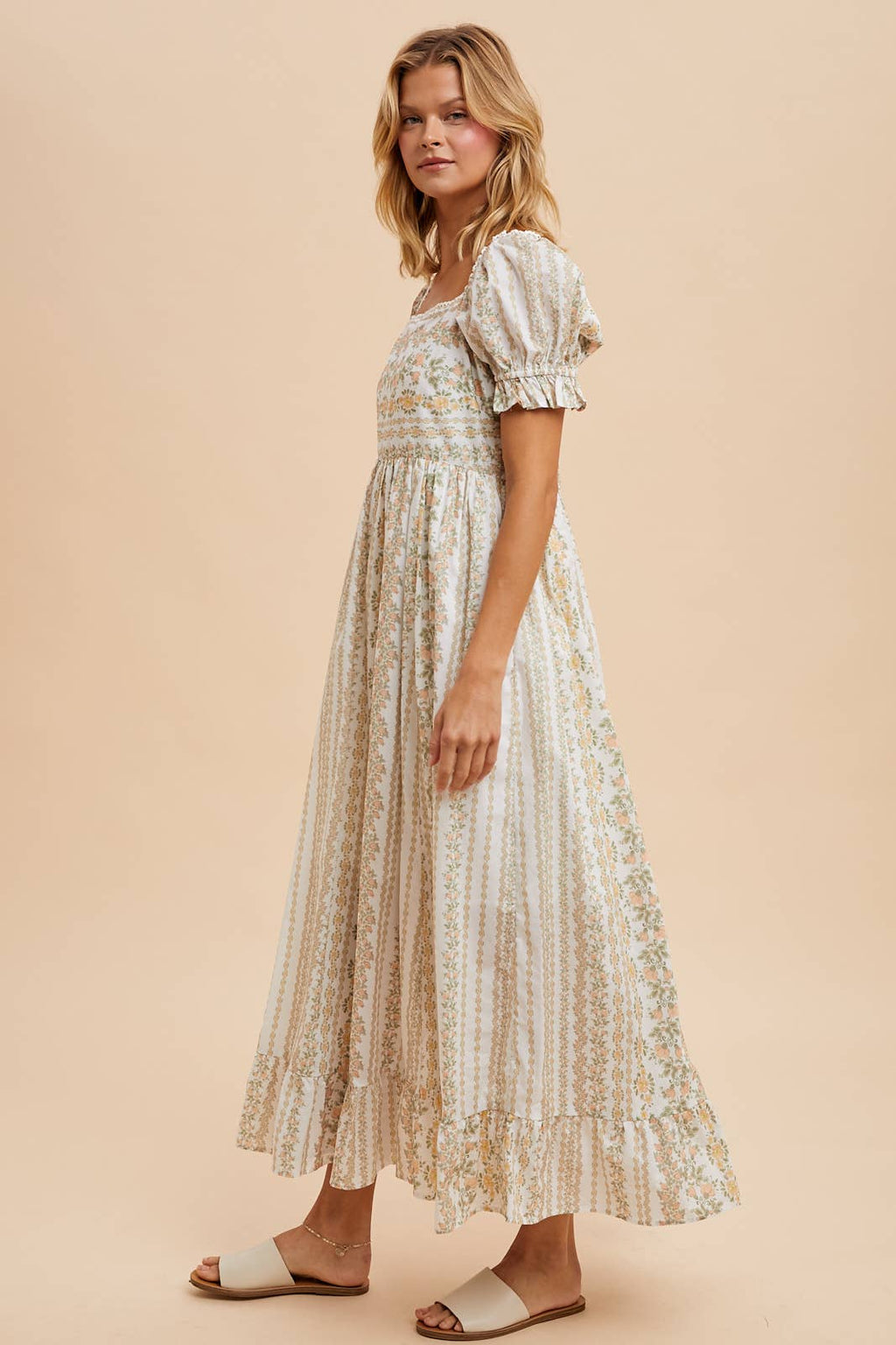 Ivory/Peach Floral Square Neck Maxi Dress with Puff Print Sleeves