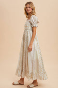 Ivory/Peach Floral Square Neck Maxi Dress with Puff Print Sleeves