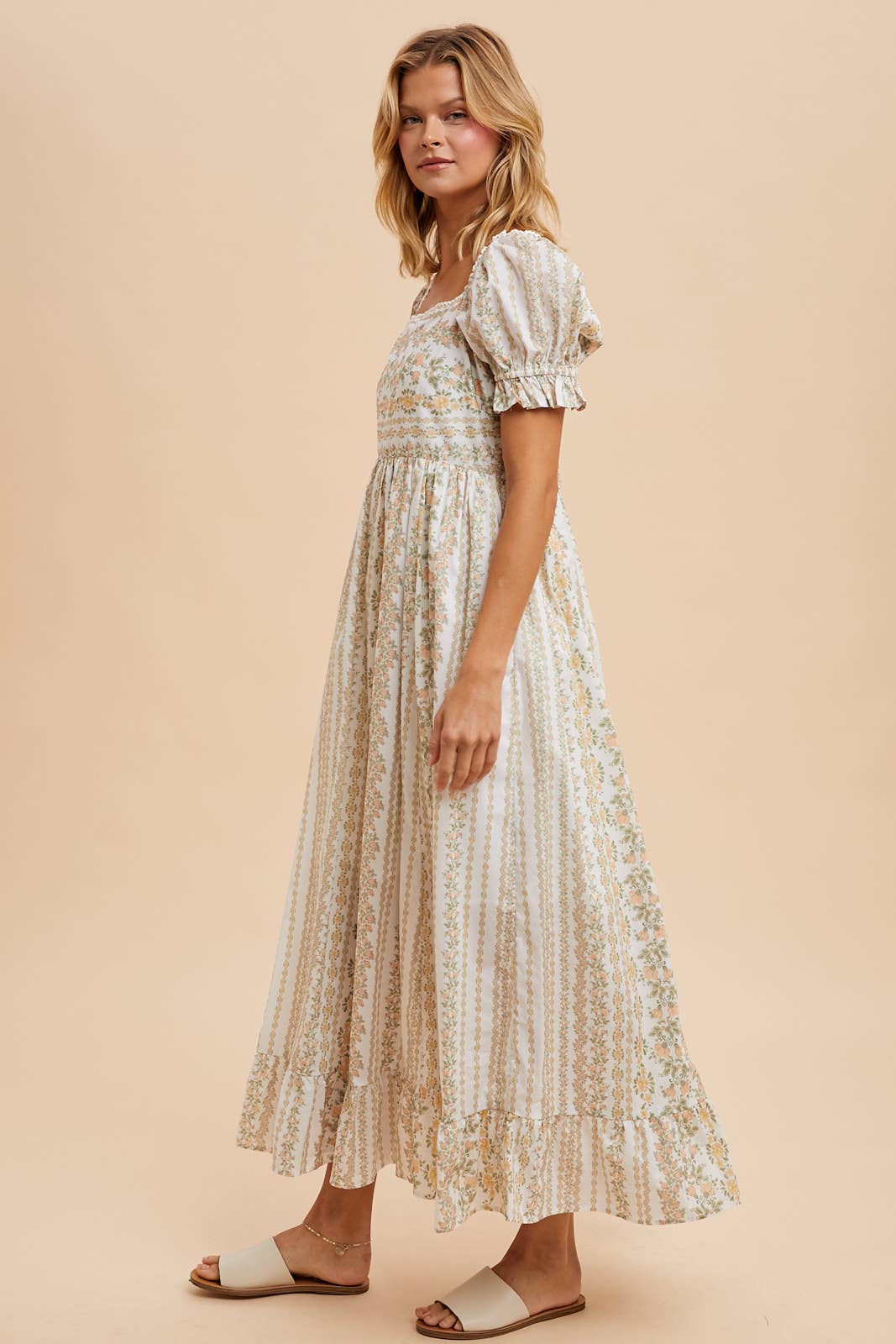Ivory/Peach Floral Square Neck Maxi Dress with Puff Print Sleeves