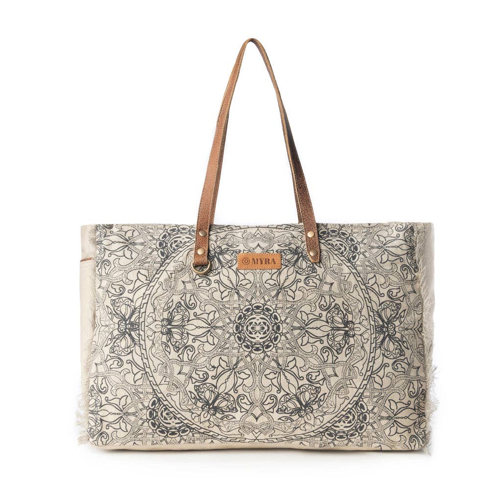 Wildmandala Weekender Bag for Women in ivory with vintage print detail