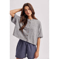 Grey Short Sleeve Button Down Knit Top