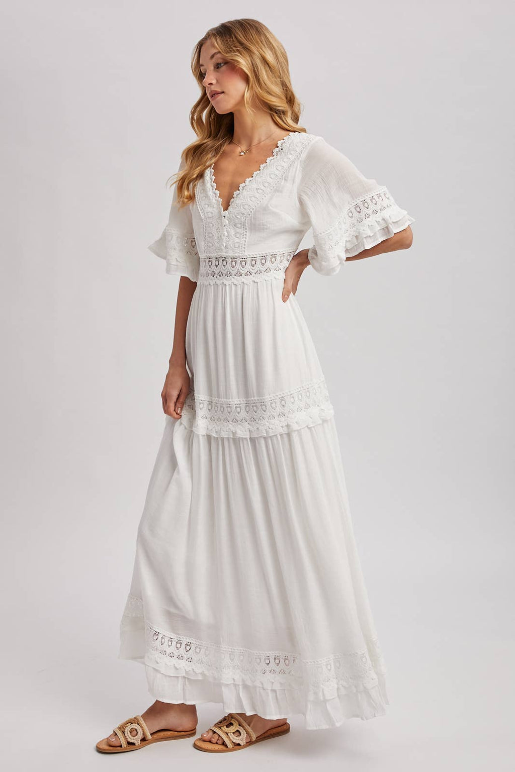 Lace V Neck Maxi Dress with Ruffle Sleeves (Olive & Ivory)