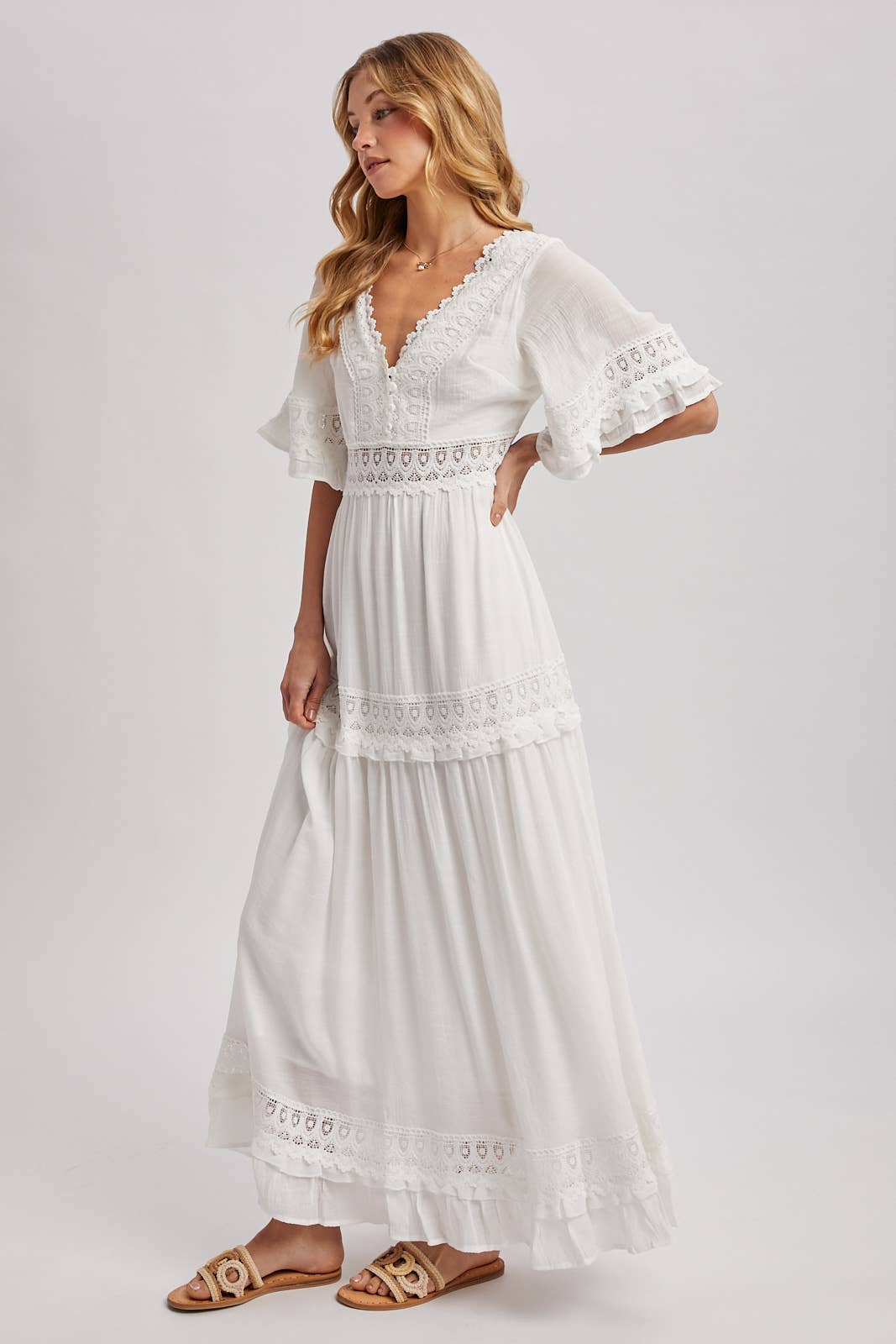 Lace V Neck Maxi Dress with Ruffle Sleeves (Olive & Ivory)