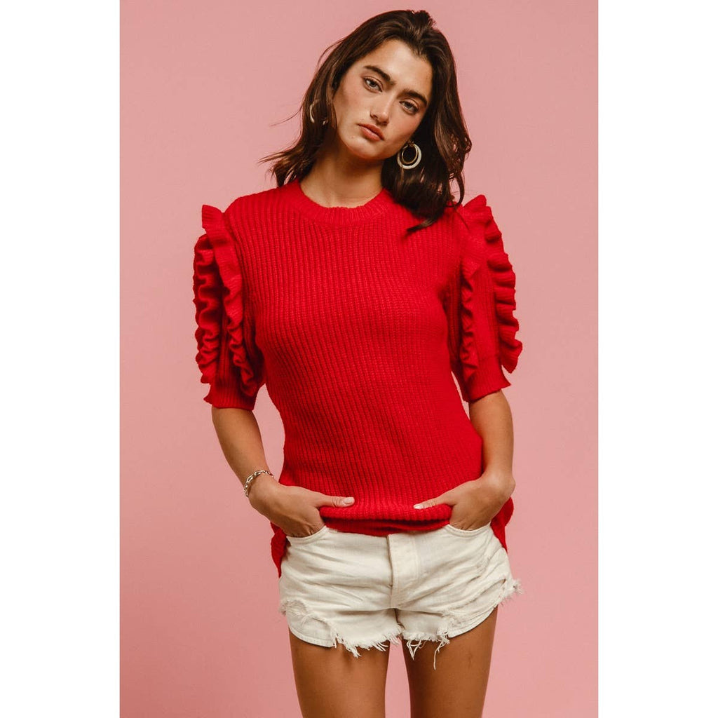 SOLID KNIT RUFFLED SLEEVES TOP