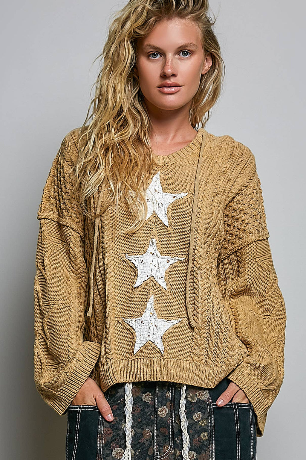 Mocha Star Lace Patch Hooded Acrylic Sweater Top