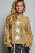 Mocha Star Lace Patch Hooded Acrylic Sweater Top