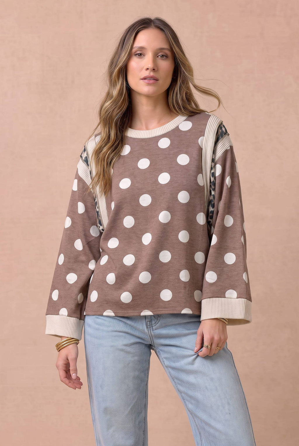 Plus Polka Dot Mixed Media Knit Top