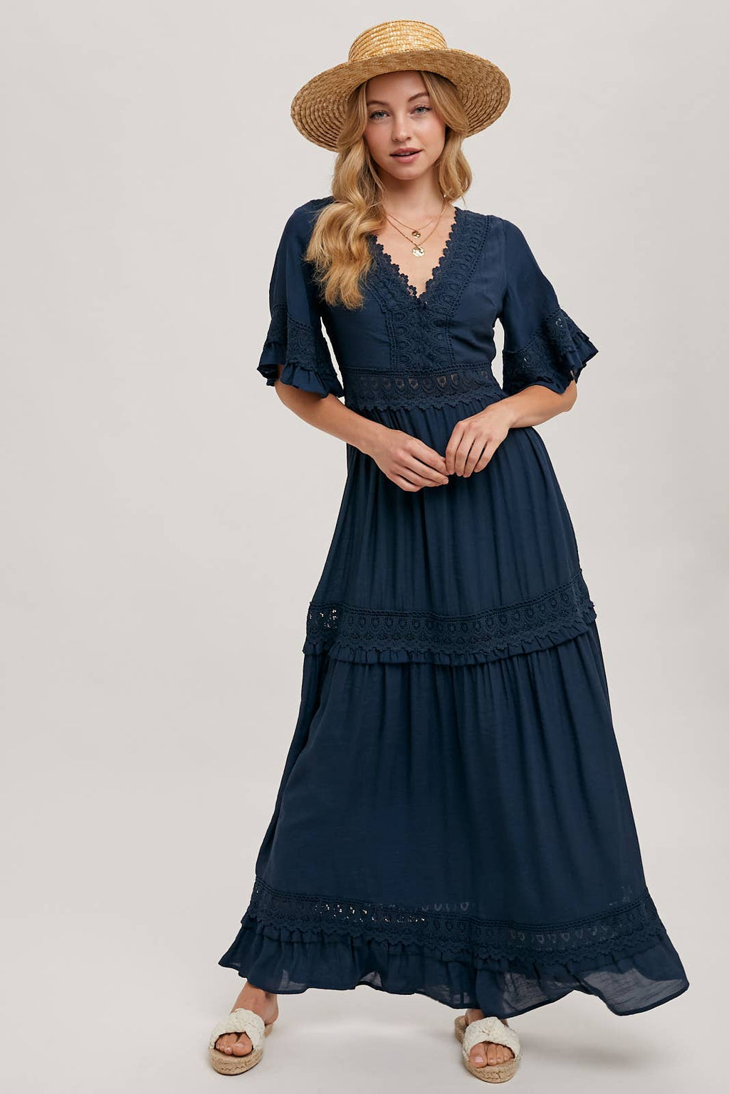 Lace V Neck Maxi Dress with Ruffle Sleeves (Olive & Ivory)