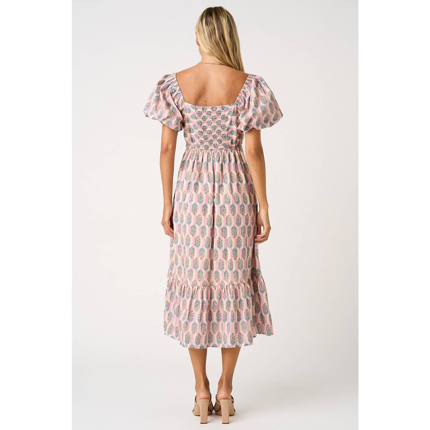 Sage/Ivory Striped with Peach Floral Puff Sleeve Dress