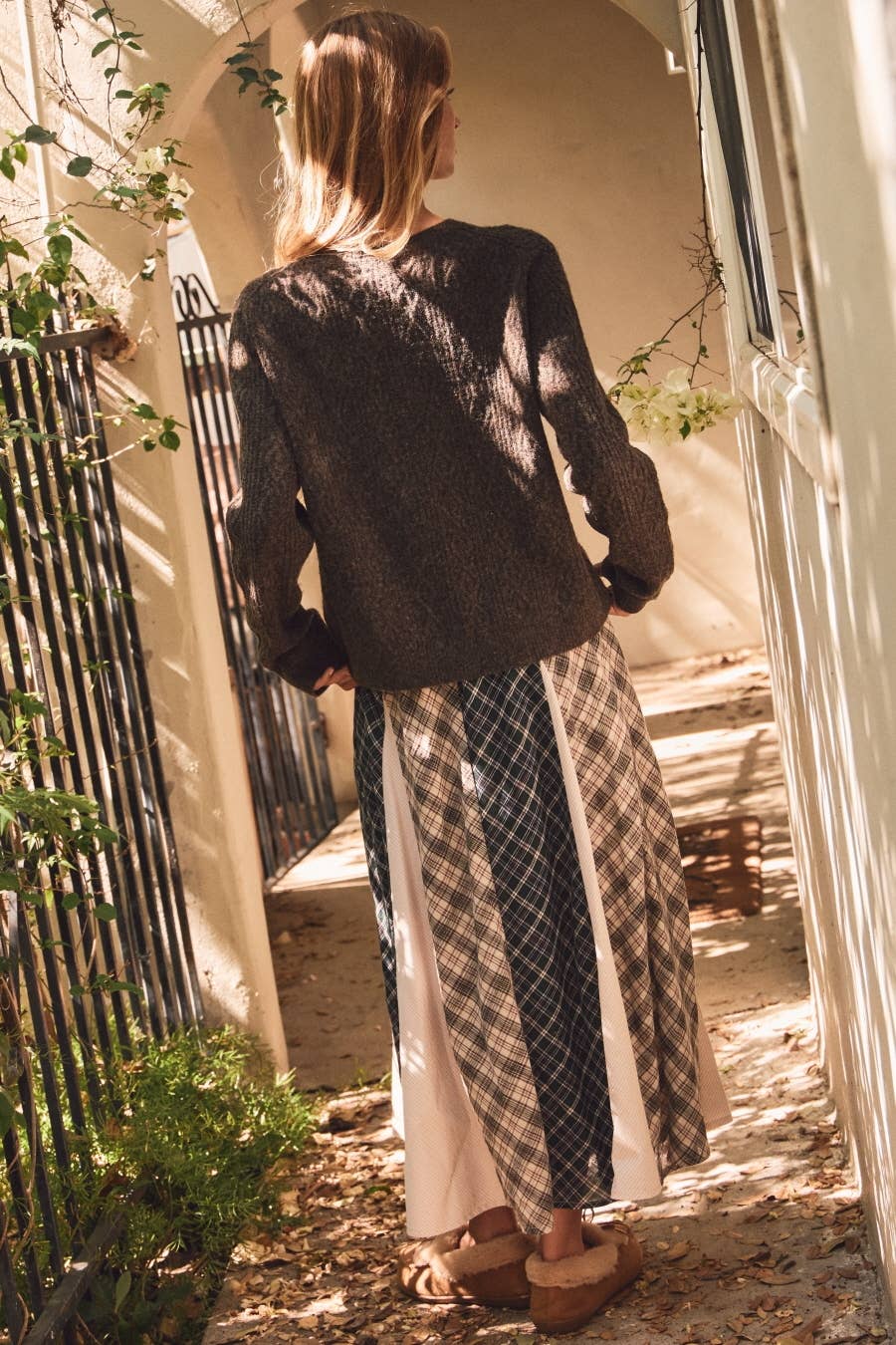 Patchwork Plaid Paneled Midi Skirt