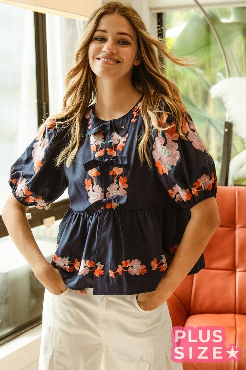 BOW RIBBON DETAILED PUFF SLEEVE TOP WITH EMBROIDERY