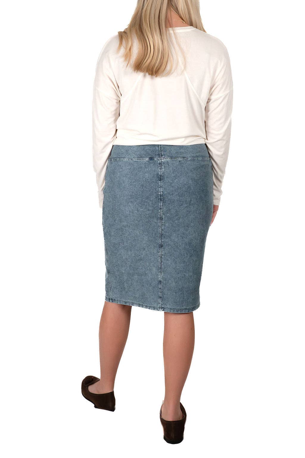Flex Denim Pencil Skirt – 24" Modest Length